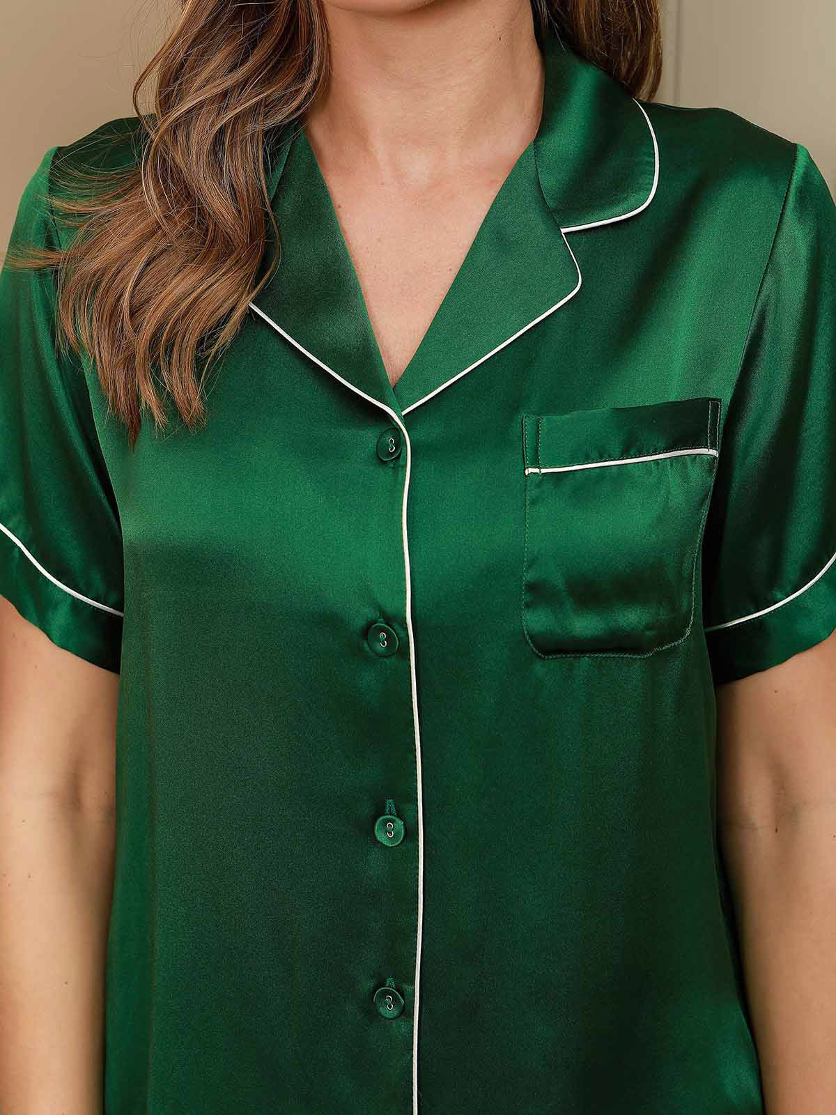 [Vert] SilkSilky-FR Manches courtes Col Cranté Femme Pyjamas 004