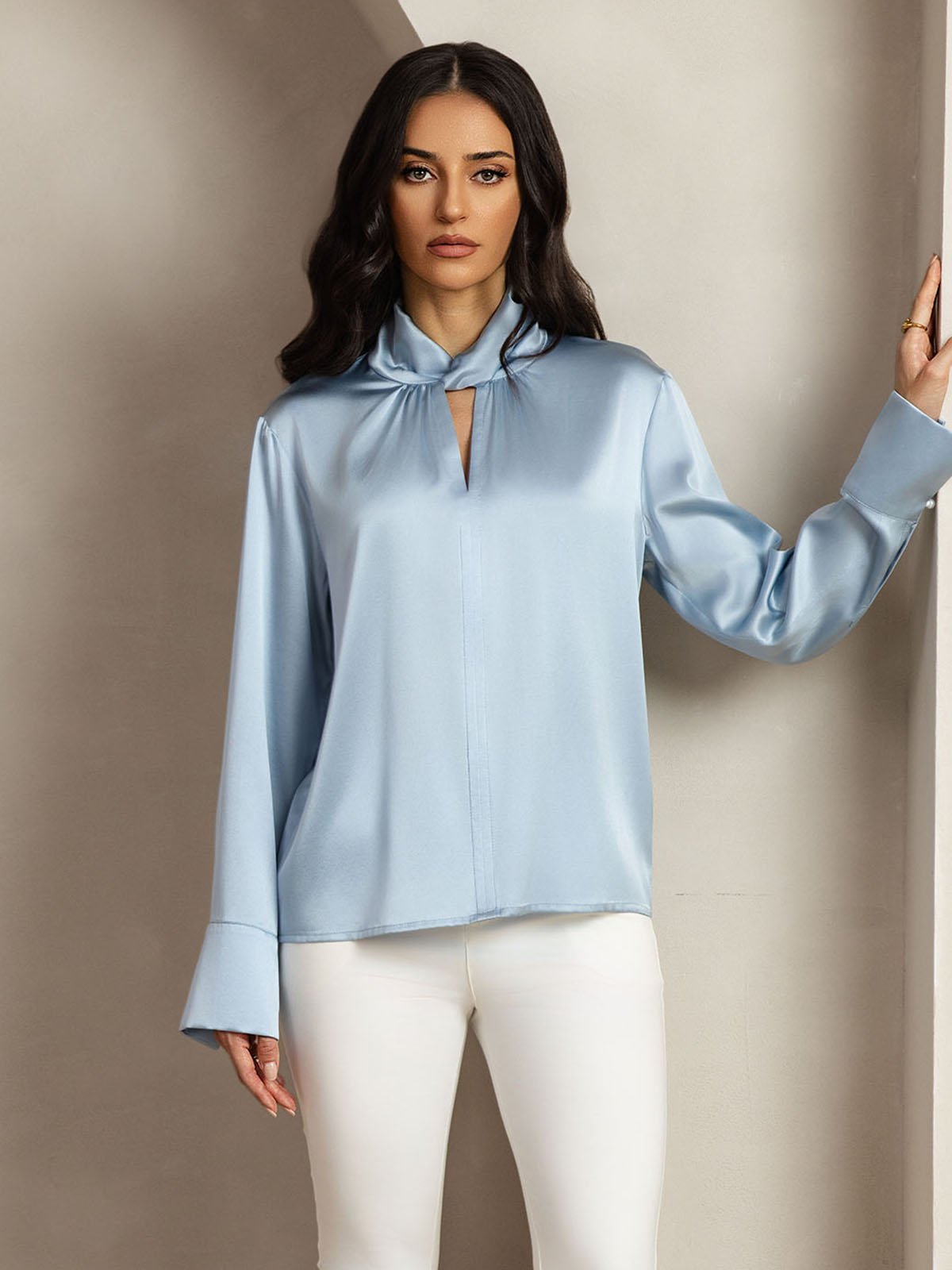 [BleuGrisâtre] SilkSilky-FR 19Momme Soie Womens Shirt 009