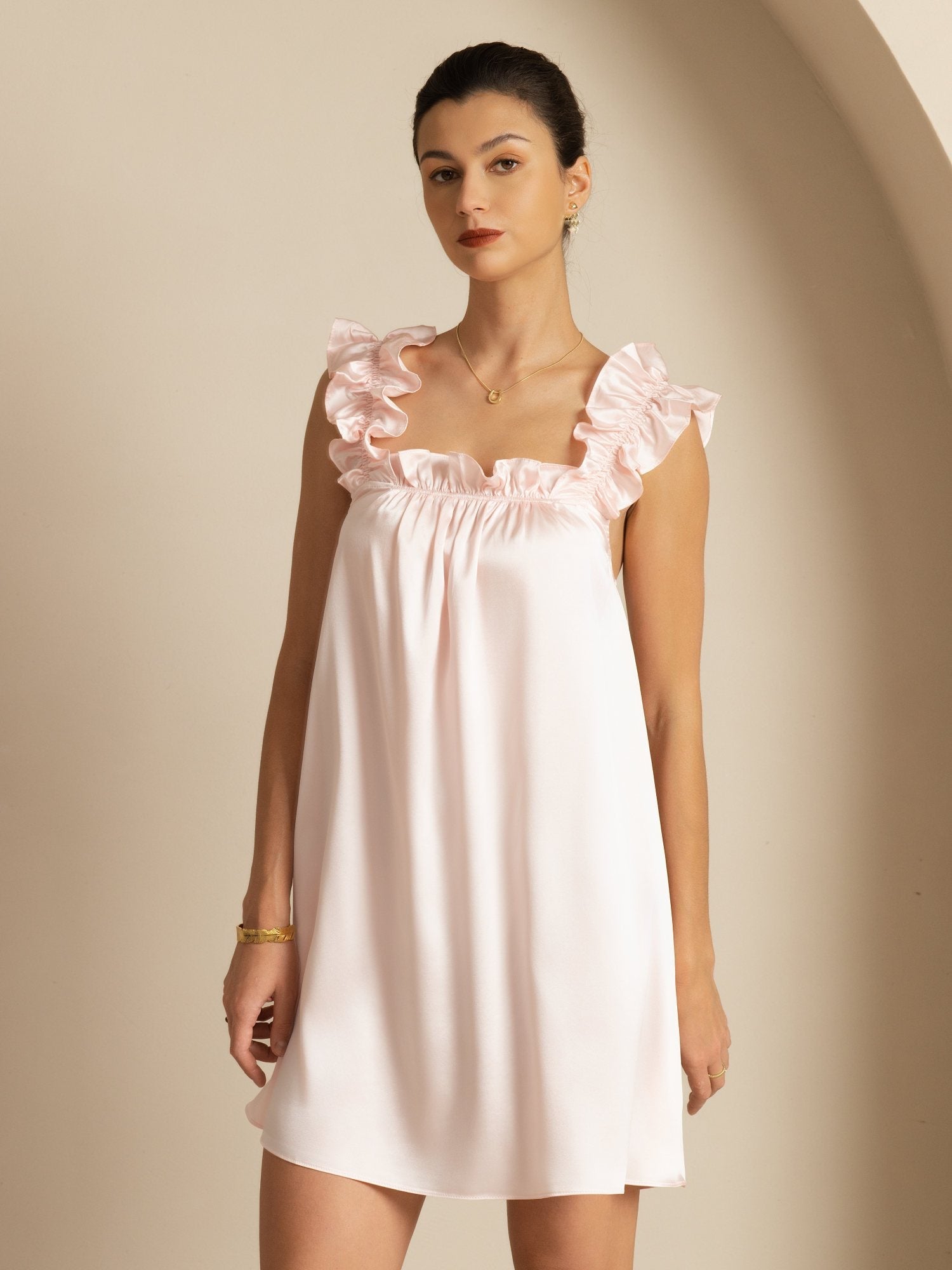 [Rose] SilkSilky-FR 19Momme Soie Sans manches Col Carré Robes 006