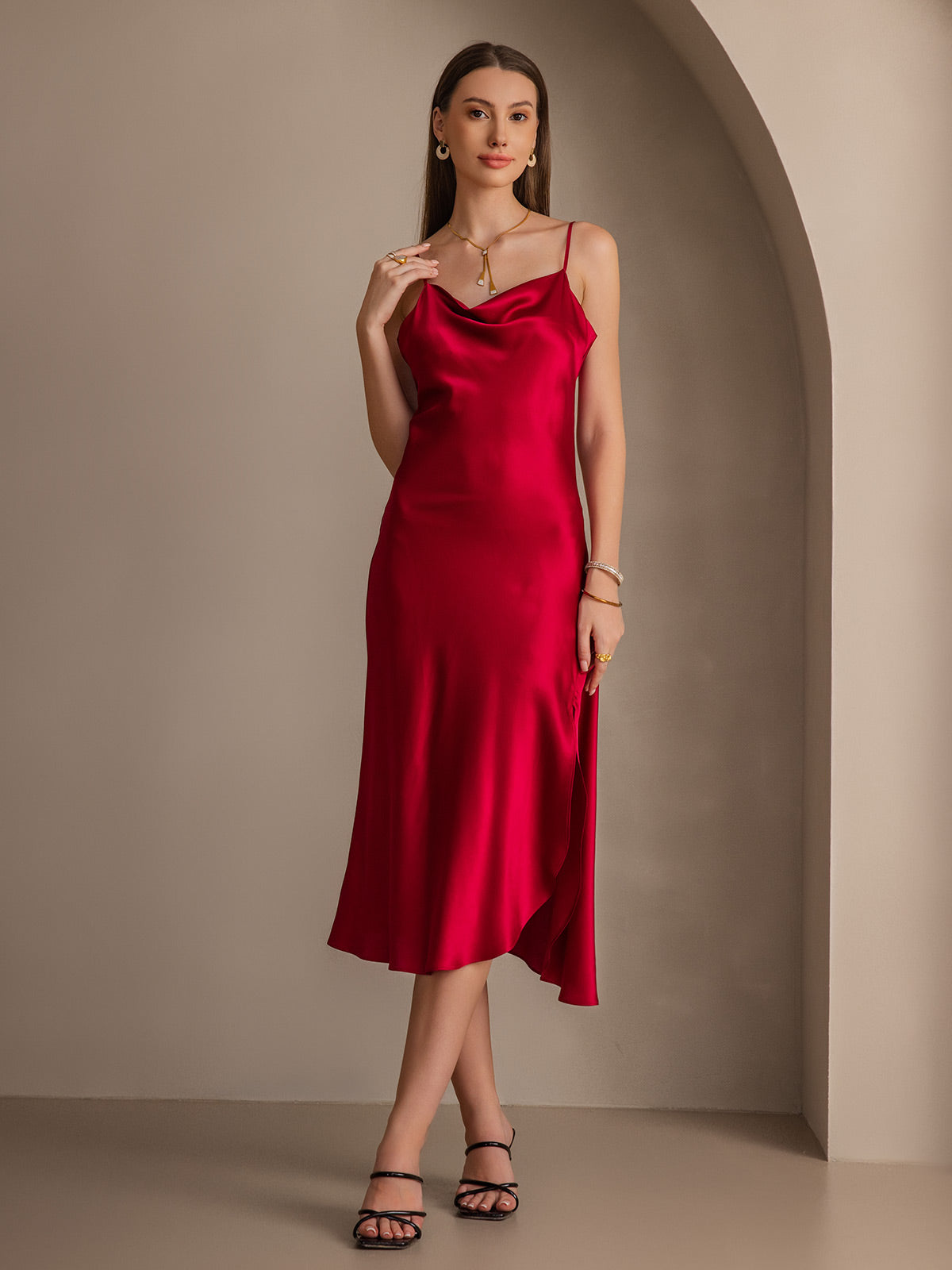 [Rouge Vineux] SilkSilky-FR 19Momme Pure Soie Col Bénitier Robes 001
