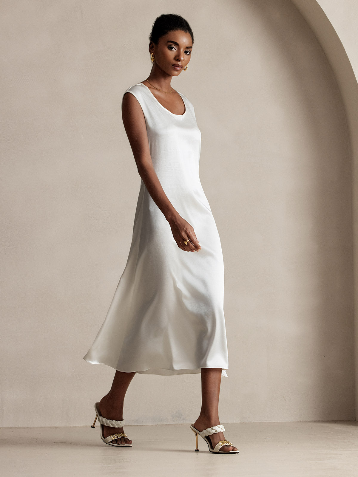 [Blanc] SilkSilky-FR 19Momme Soie Col Rond Robes 005