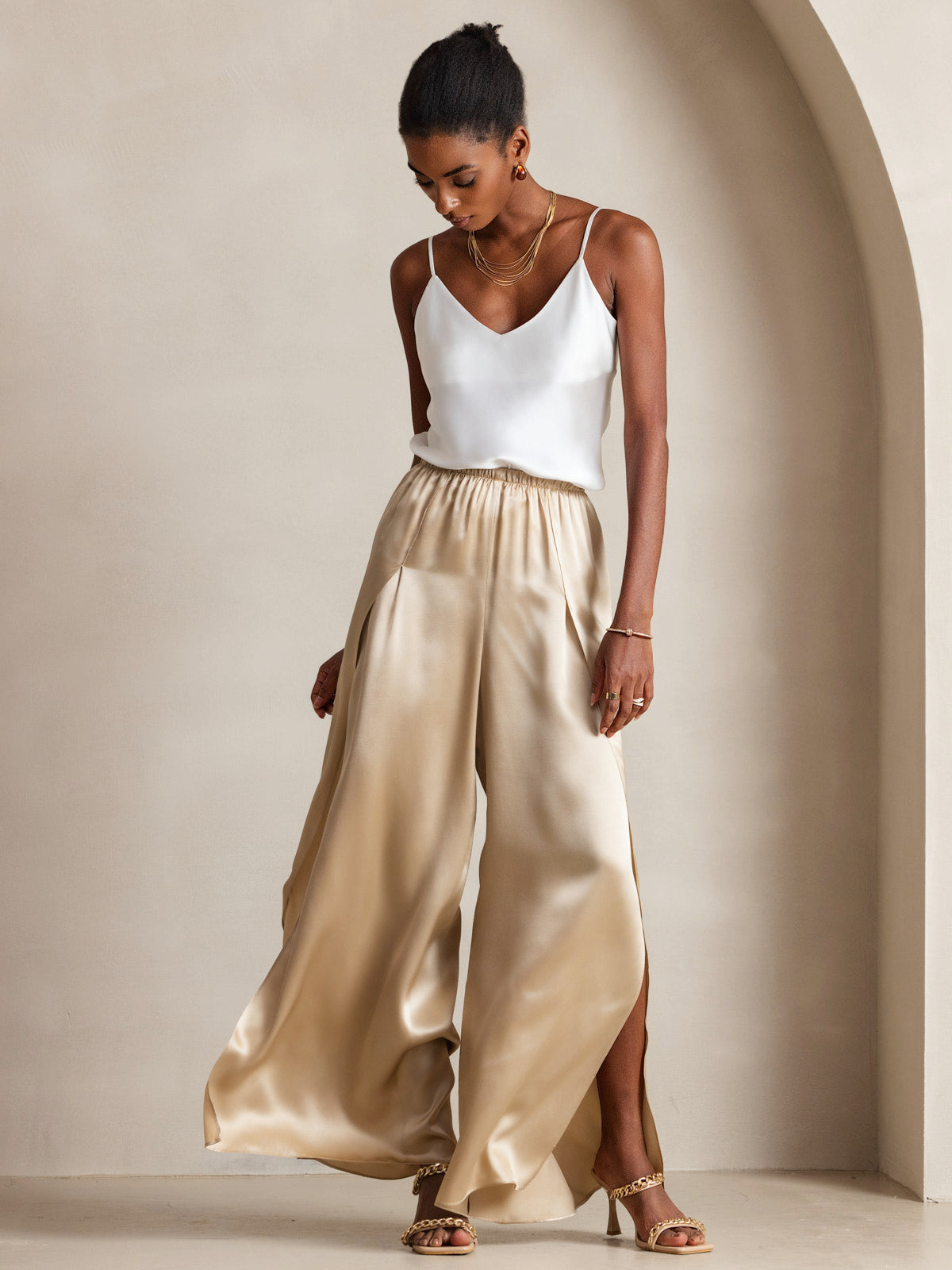 [Blanc] SilkSilky-FR Pure Soie Col en V Top À Fines Brides 005