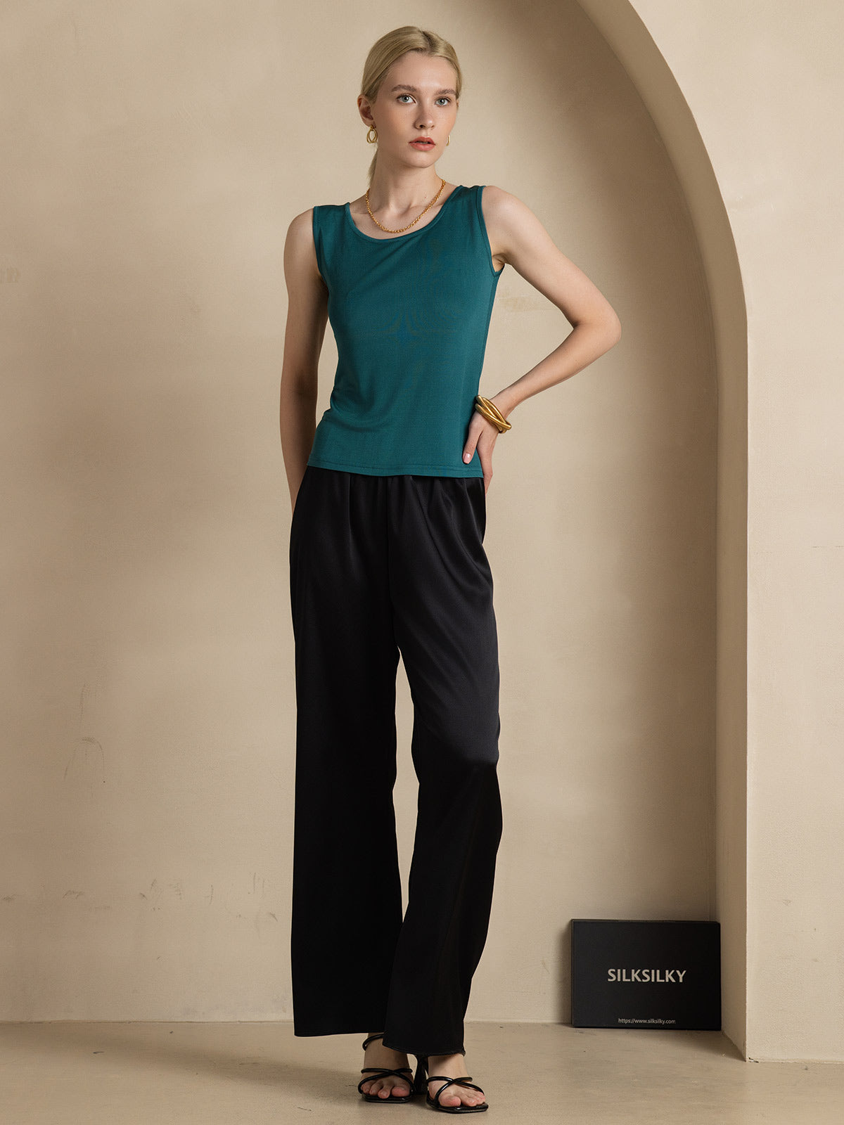 [Vert Foncé] SilkSilky-FR Soie Tricotée Col Rond Femme T-Shirt 006