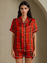 [Carreaux Rouges] SilkSilky-FR Short Sleeve Notch Collar Femme Pyjamas 001