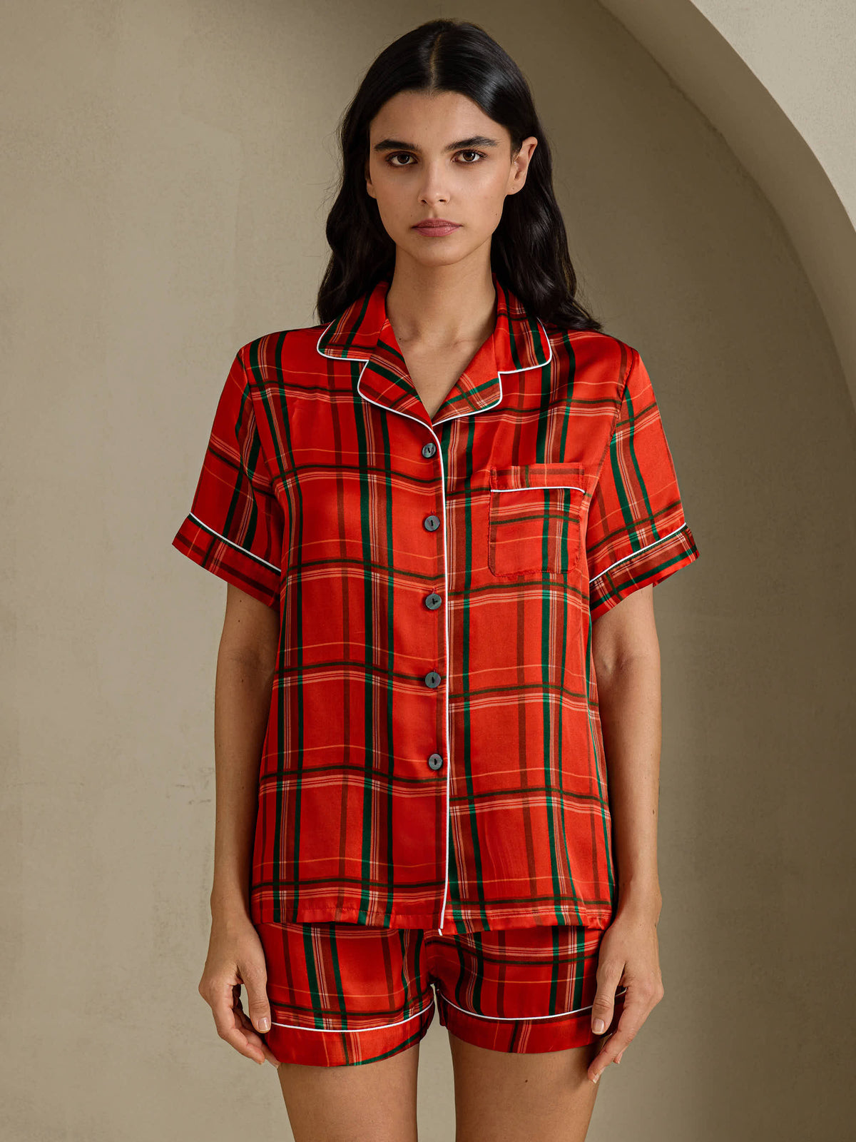 [Carreaux Rouges] SilkSilky-FR Short Sleeve Notch Collar Femme Pyjamas 001