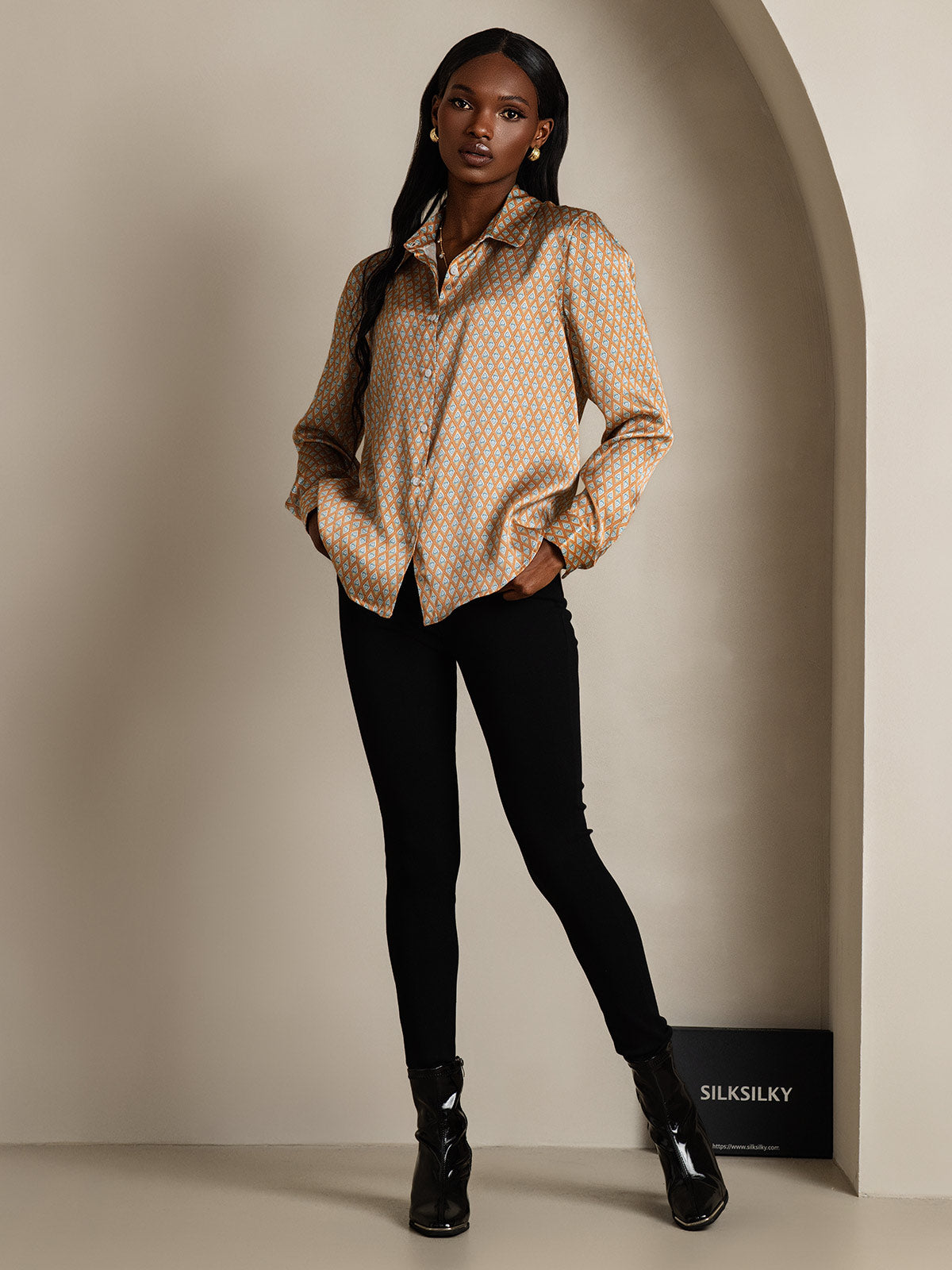 [Floral] SilkSilky-FR Soie Manches longues Col Chemise Femme Chemise 008