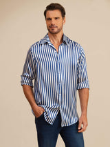 [Rayure Marine] SilkSilky-FR 19Momme Manches longues Col à Revers Homme Chemise 005