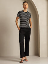 [Rayure Noire] SilkSilky-FR Short Sleeve Crew Neck Femme T-Shirt 006
