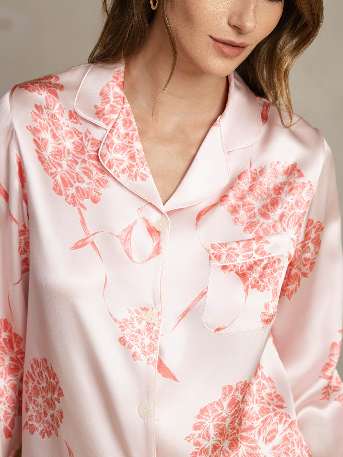 [Fleurs Corail] SilkSilky-FR Pure Soie Womens Pajamas 005