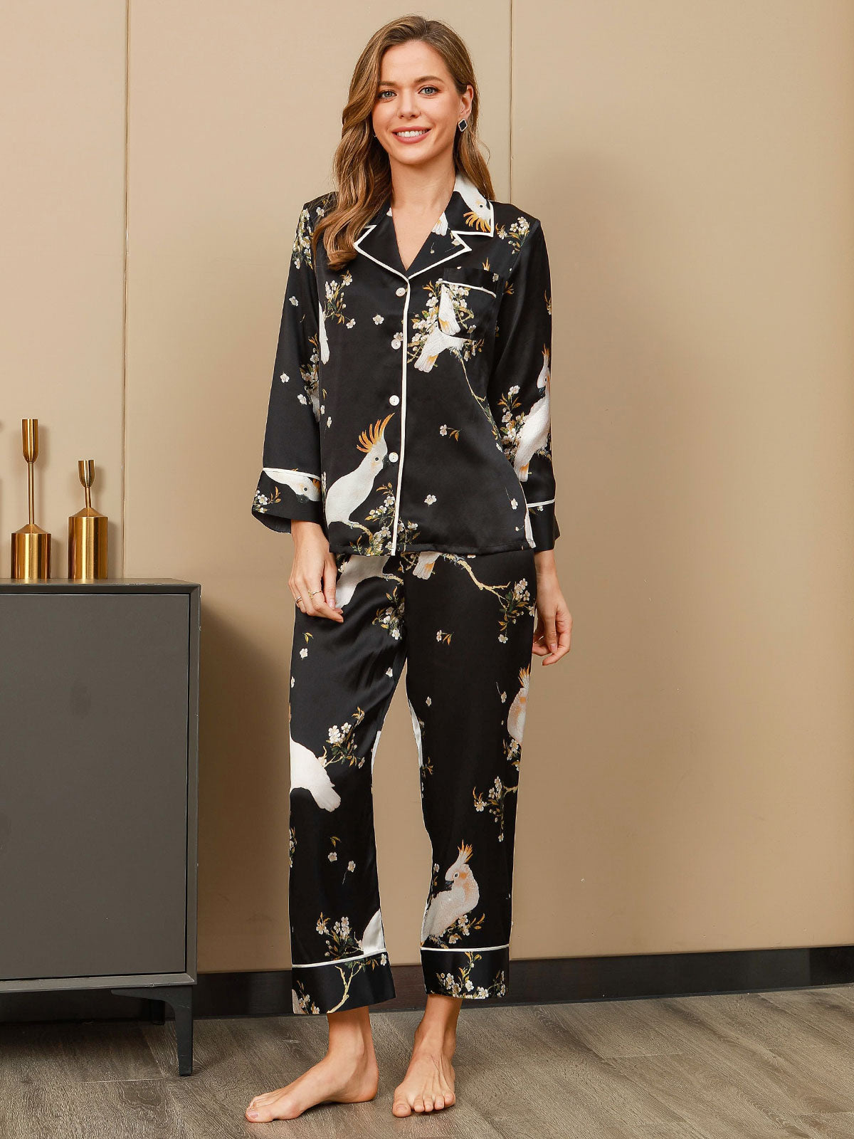 [Noir] SilkSilky-FR Pure Soie Womens Pajamas 004