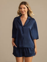 [Bleu Foncé] SilkSilky-FR 19Momme Manches mi-longues Col Cranté Femme Pyjamas 008