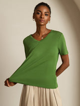 [Vert] SilkSilky-FR Short Sleeve V Neck Femme T-Shirt 006