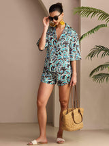 [Botanique Sarcelle] SilkSilky-FR Short Sleeve Notch Collar Femme Pyjamas 006