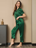 SilkSilky FR Pure Soie Manches courtes Revers Femme Pyjamas Vert 005