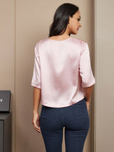 [Rose] SilkSilky-FR Manches mi-longues Encolure Dégagée Femme T-Shirt 002