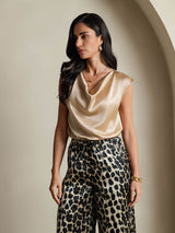 [Champagne] SilkSilky-FR Cap Sleeve Cowl Neck Femme T-Shirt 005
