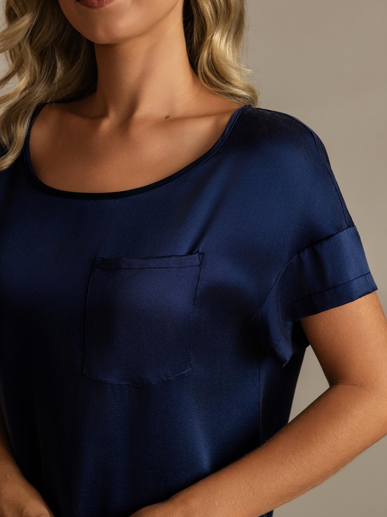 [BleuFoncé] SilkSilky-FR 19Momme Soie Col Rond Chemises de nuit 004