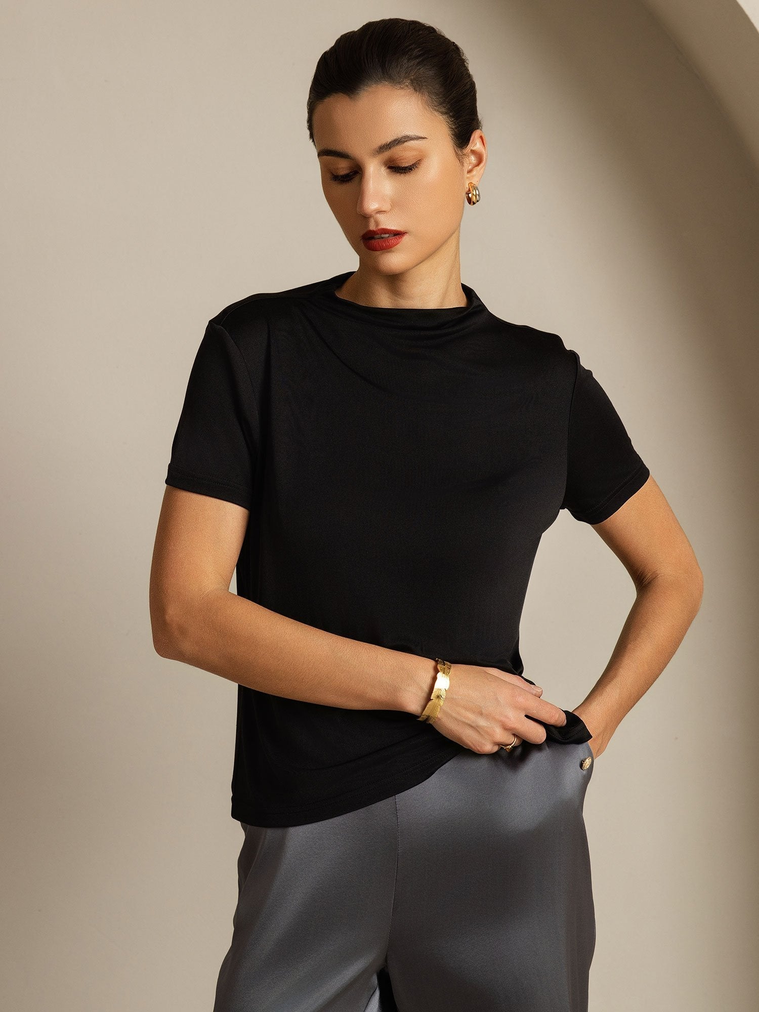 [Noir] SilkSilky-FR Soie Col Chemise Femme T-Shirt 006