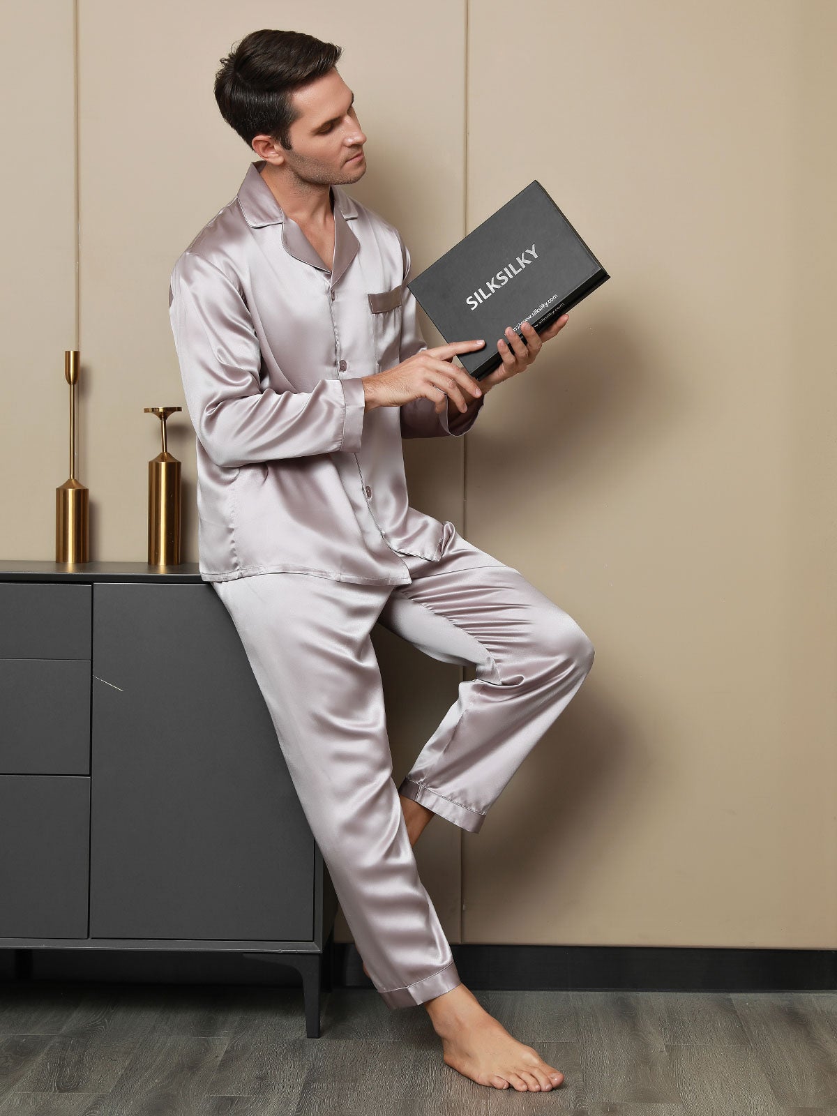 [Mauve Pâle] SilkSilky-FR 19Momme Pure Soie Mens Pajamas 003