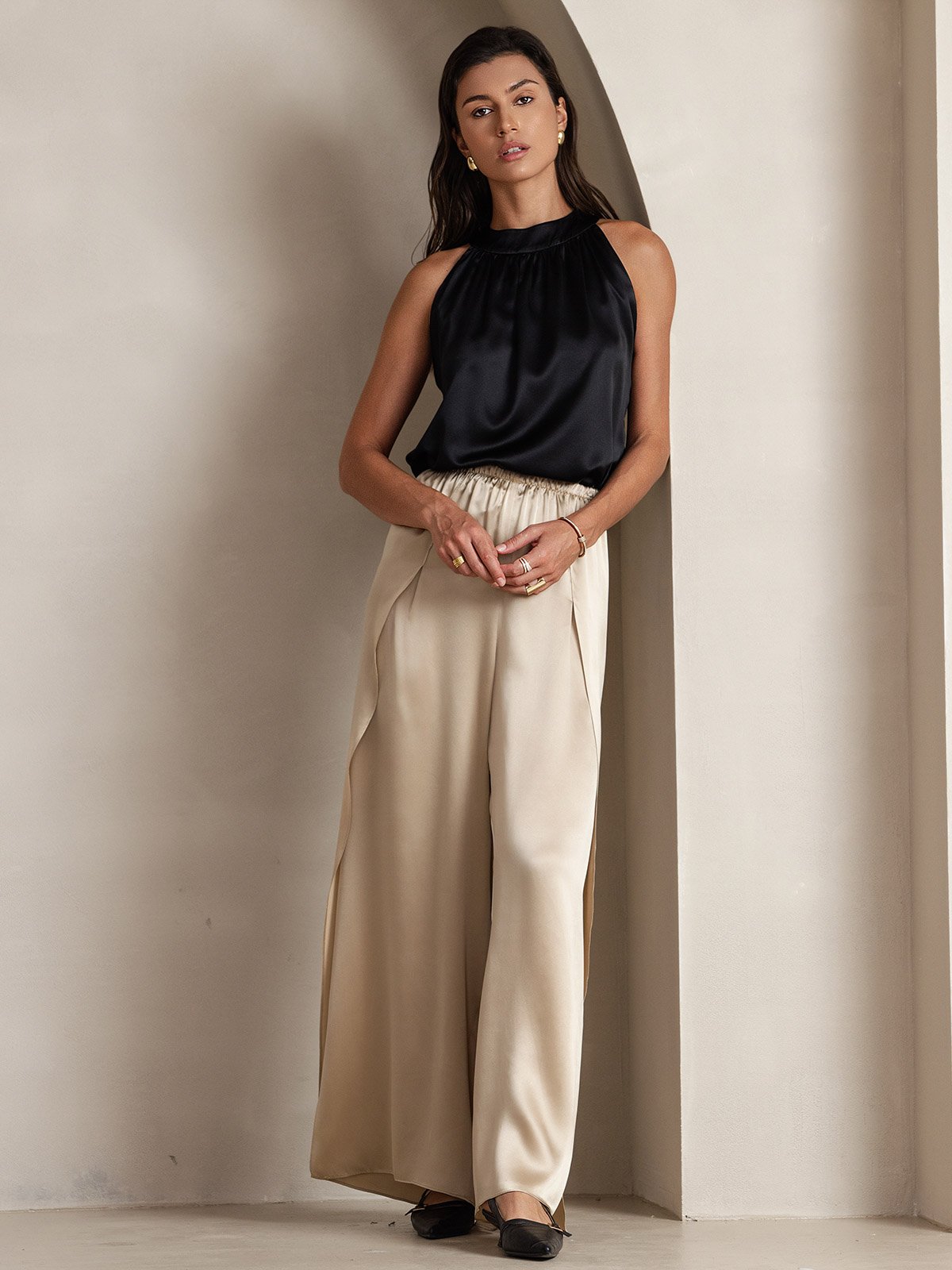 [Noir] SilkSilky-FR 19Momme Soie Sans manches Womens T-Shirt 004