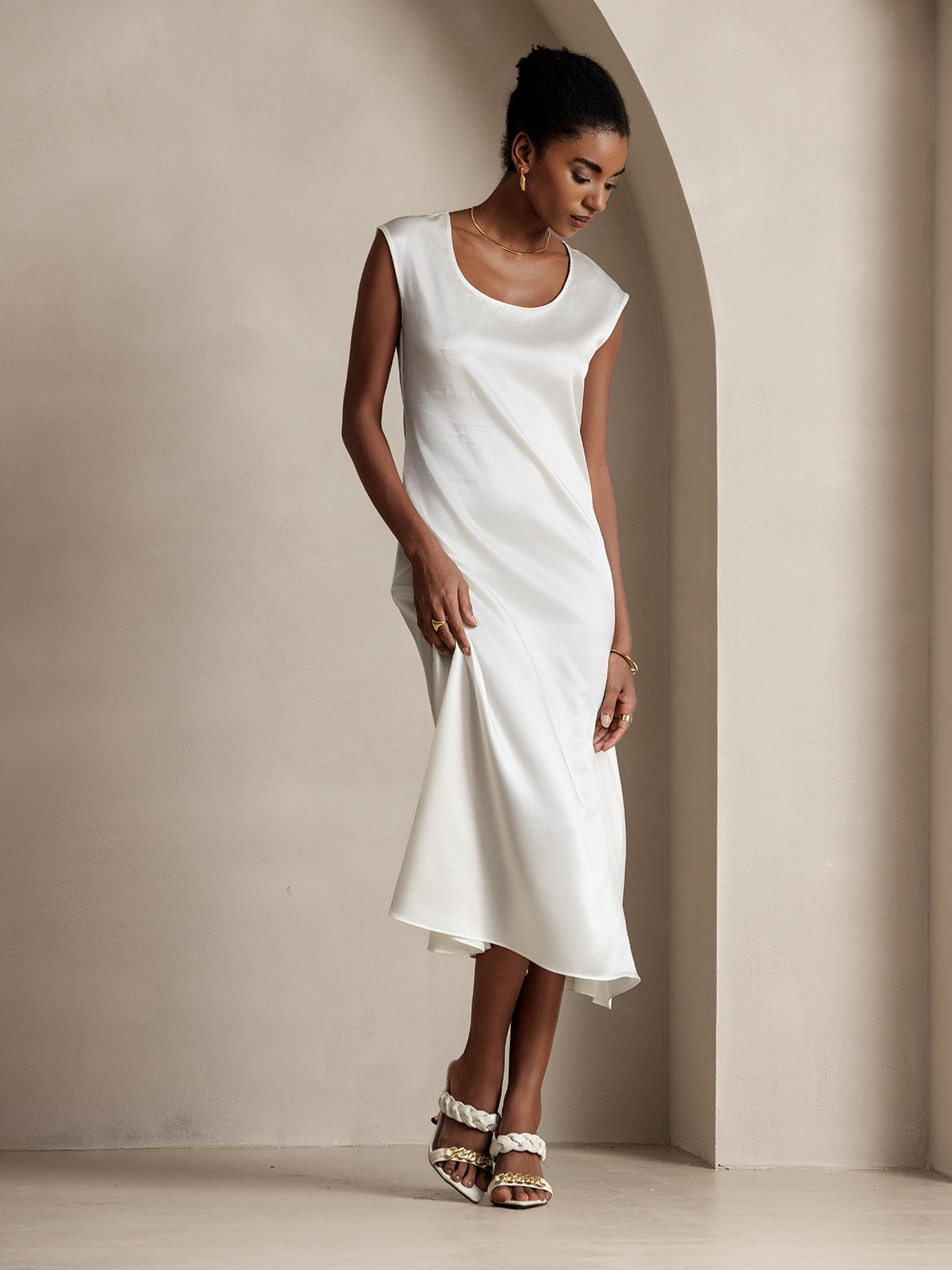 [Blanc] SilkSilky-FR 19Momme Soie Col Rond Robes 006