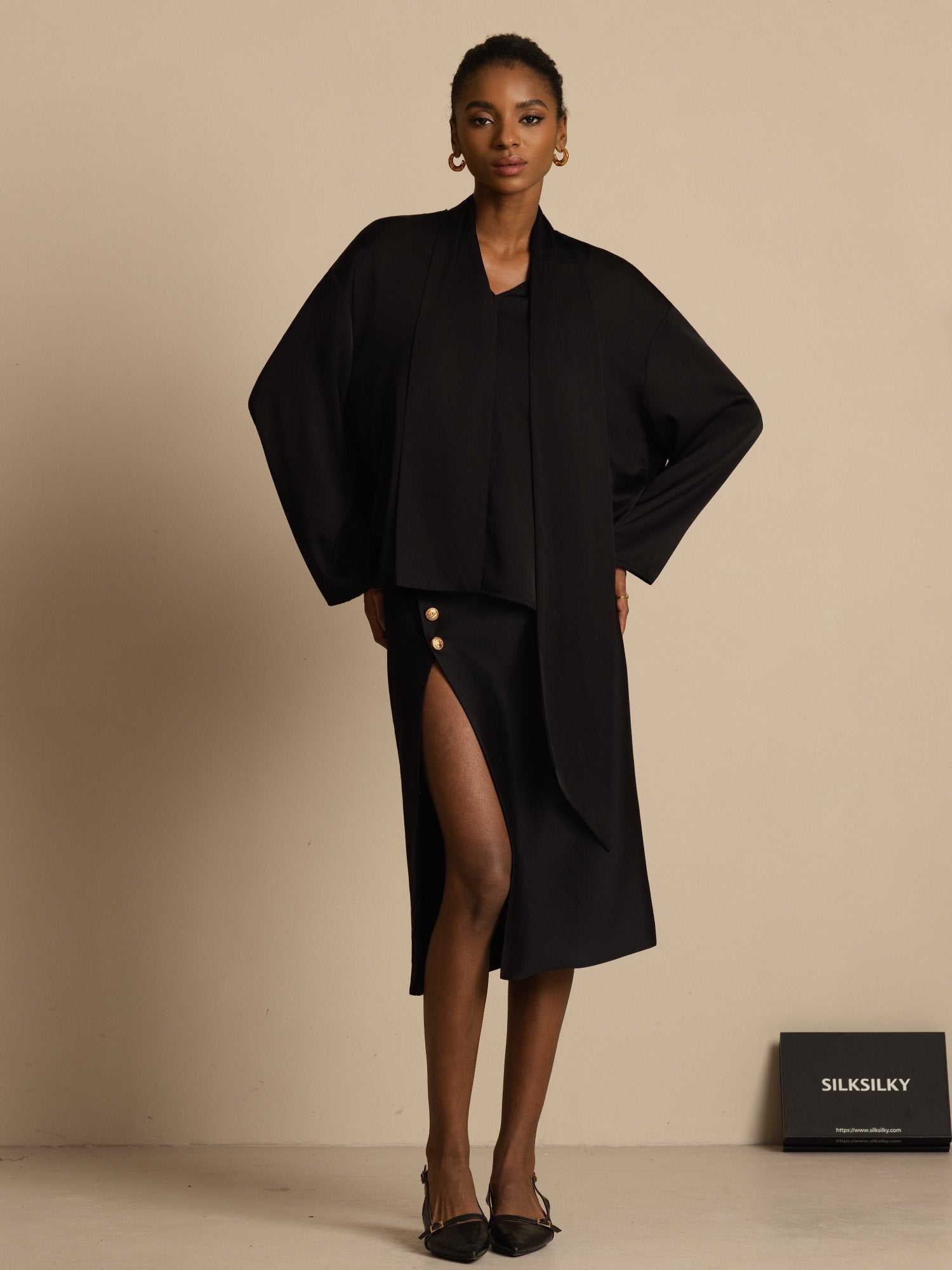 [Noir] SilkSilky-FR 19Momme Soie Manches longues Col V Blouse 007