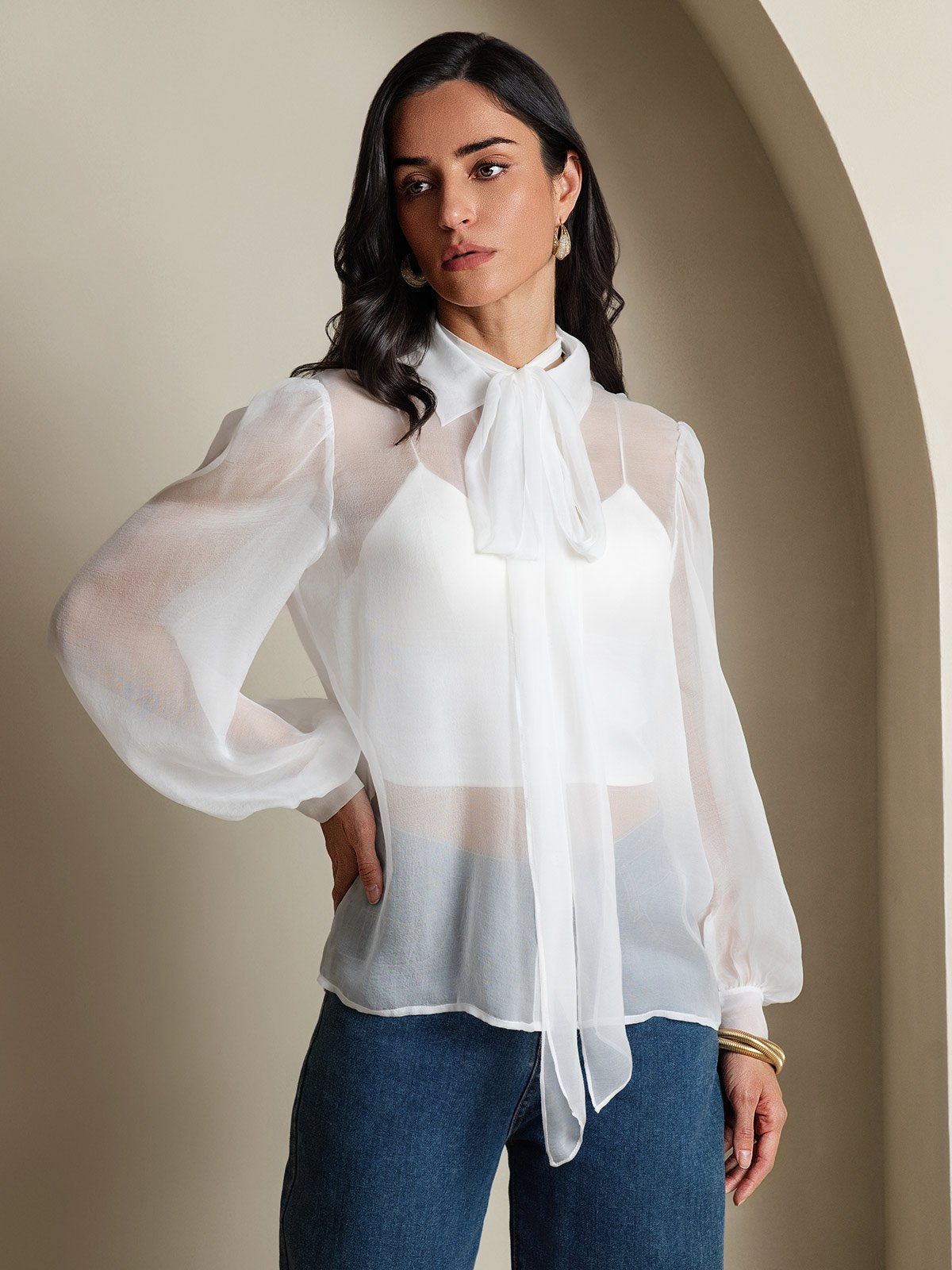 SilkSilky-FR Soie Manches longues Nœud à l'encolure Femme Chemise Blanc 003
