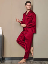 [Rouge Vineux] SilkSilky-FR Pure Soie Manches longues Revers Homme Pyjamas 002