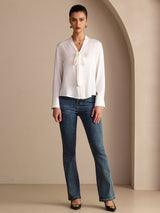 [Blanc] SilkSilky-FR Long Sleeve Tie Neck Blouse 007