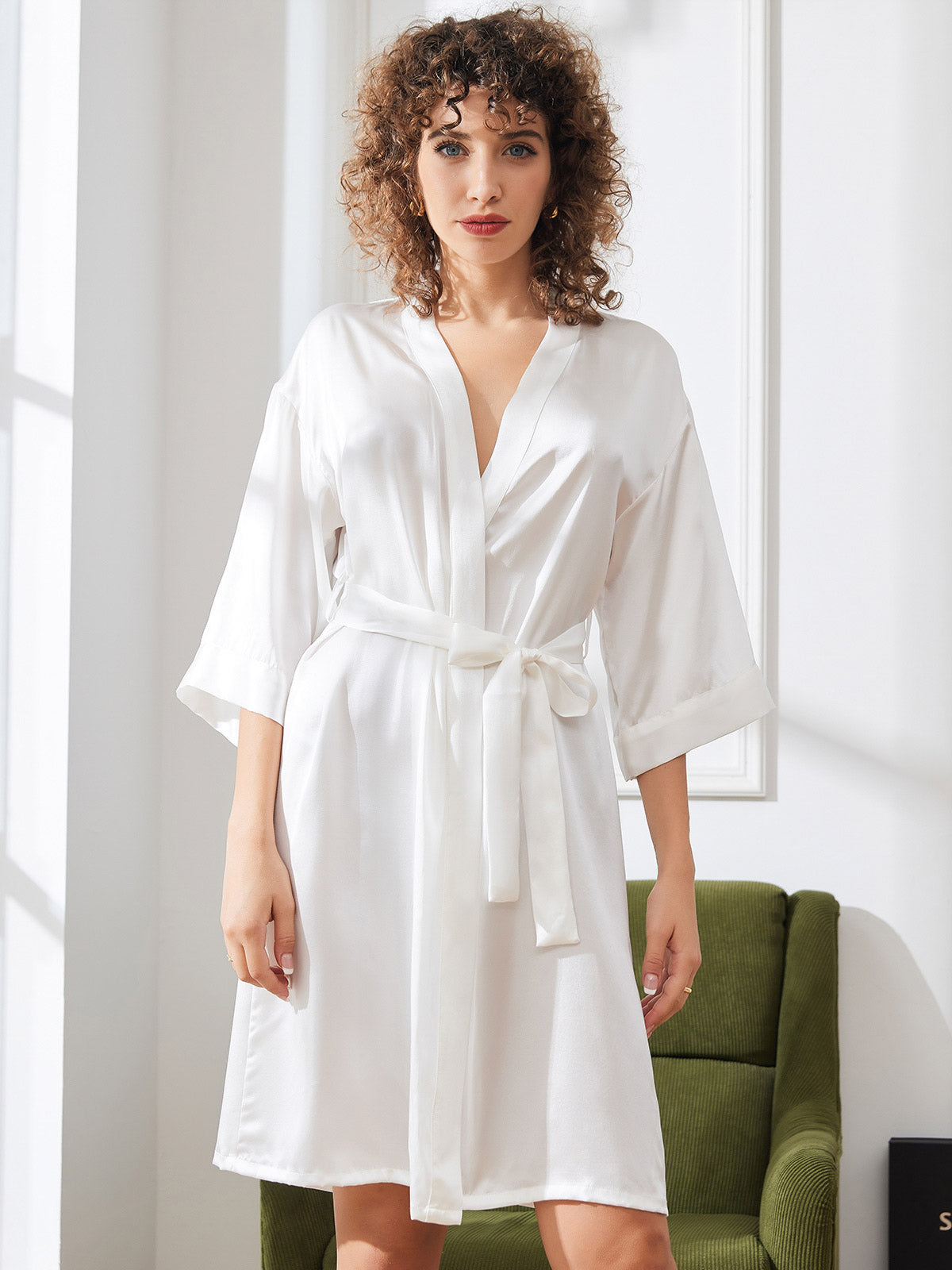 [Blanc] SilkSilky-FR Pure Soie Womens Robe 005