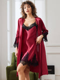 SilkSilky FR Pure Soie Trois quart Nightgown&Robe Set RougeFoncé 005