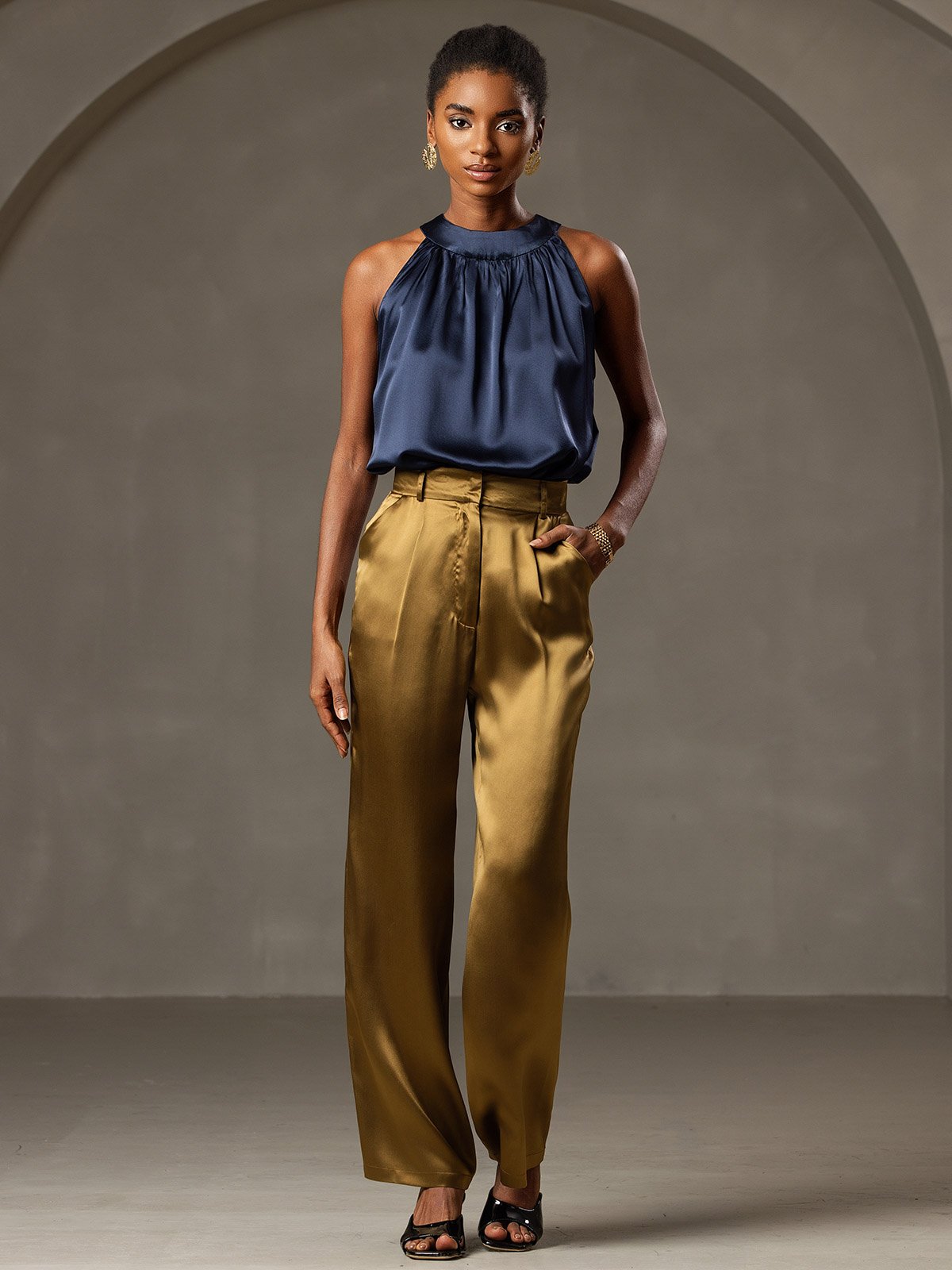 [Bleu Foncé] SilkSilky-FR 19Momme Soie Sans manches Womens T-Shirt 007