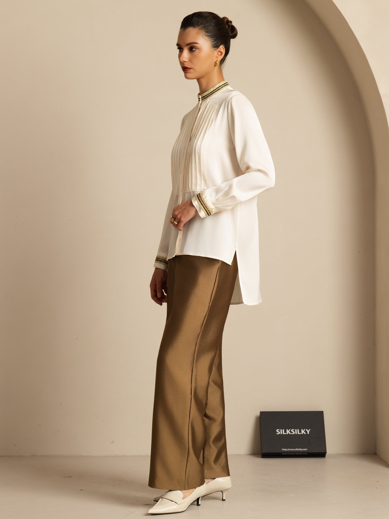 [Perle De Mer] SilkSilky-FR 19Momme Soie Manches longues Col Montant Blouse 008