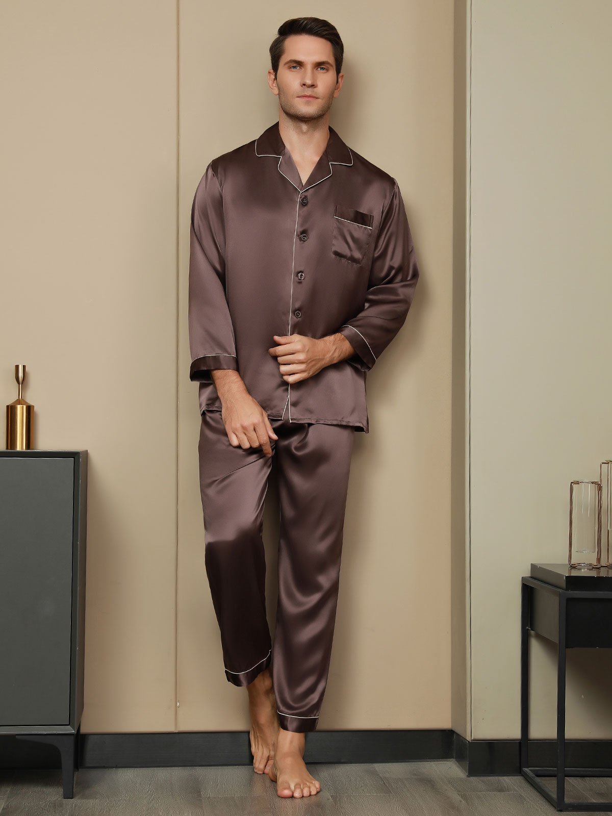 SilkSilky-FR Pure Soie Manches longues Revers Homme Pyjamas Café 002