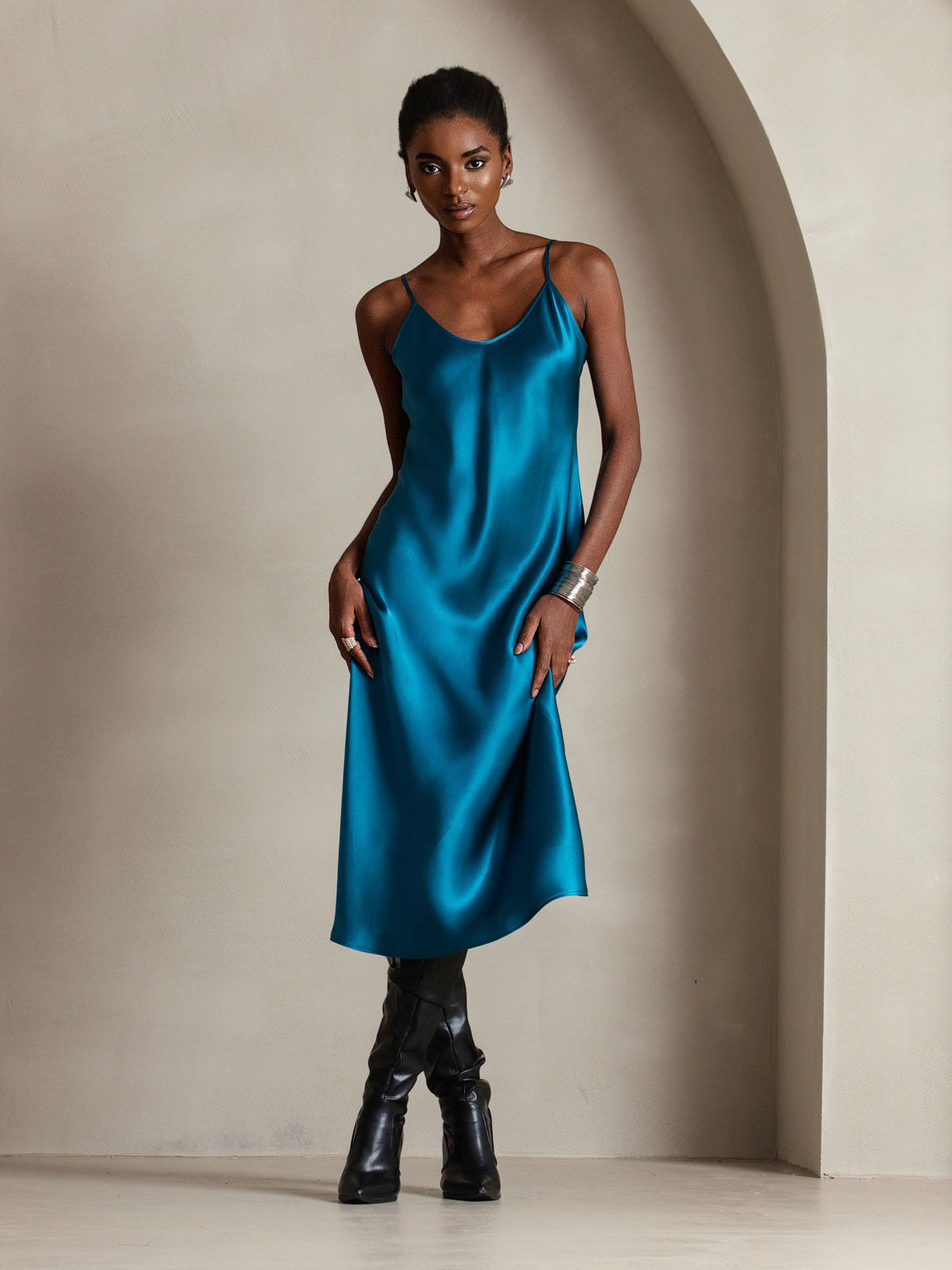 [Bleu Royal] SilkSilky-FR Pure Soie Col Rond Robes 006