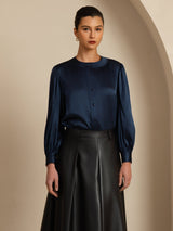[Bleu Foncé] SilkSilky-FR 19Momme Long Sleeve Round Neck Blouse 001