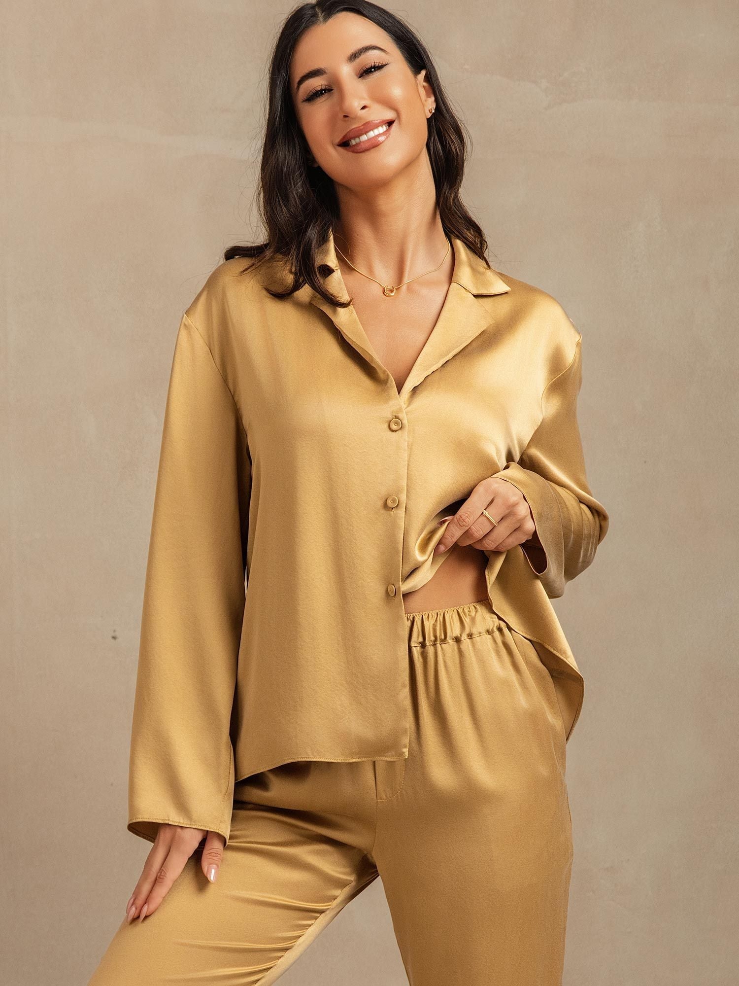 [Tan] SilkSilky-FR 19Momme Soie Découpe V Femme Pyjamas 007