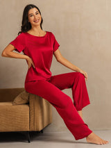 [Rouge Vineux] SilkSilky-FR 19Momme Manches courtes Femme Pyjamas 007