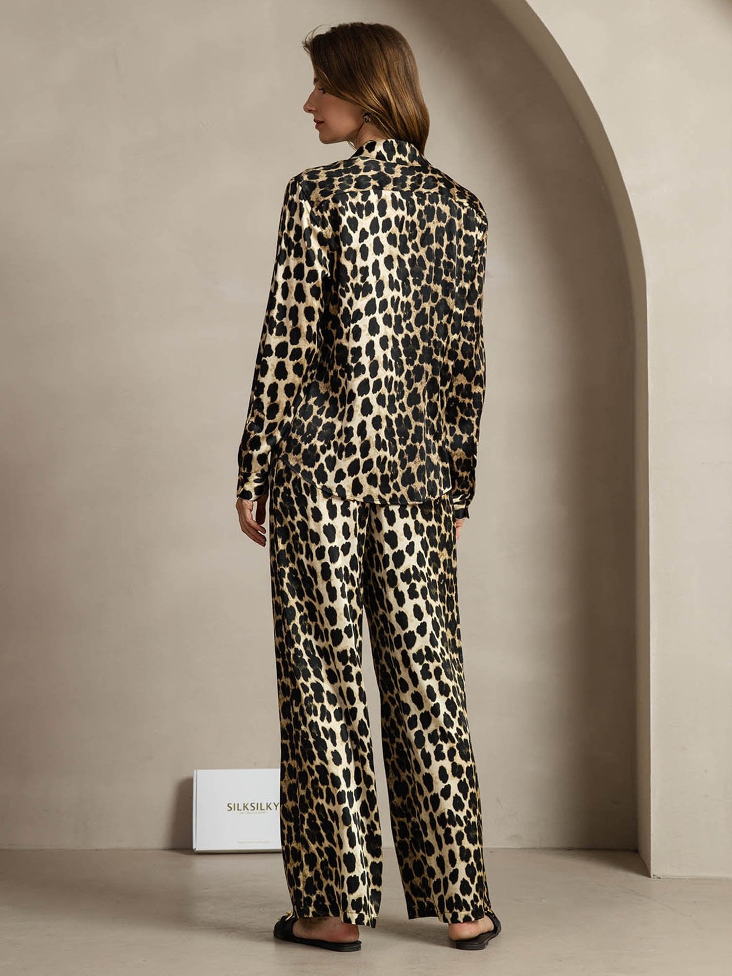 [Leopard] SilkSilky-FR 19Momme Soie Col Chemise Women''s Outfit Sets 002