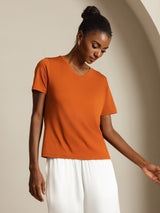 [Orange] SilkSilky-FR Short Sleeve V Neck Femme T-Shirt 003