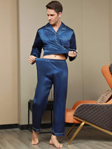 [Bleu Foncé] SilkSilky-FR Pure Soie Manches longues Revers Homme Pyjamas 009