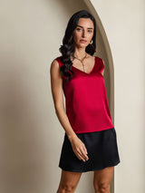 [Rouge Vineux] SilkSilky-FR Sleeveless V Neck Top À Fines Brides 005