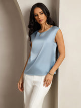 [Bleu Grisâtre] SilkSilky-FR Cap Sleeve Round Neck Femme T-Shirt 004