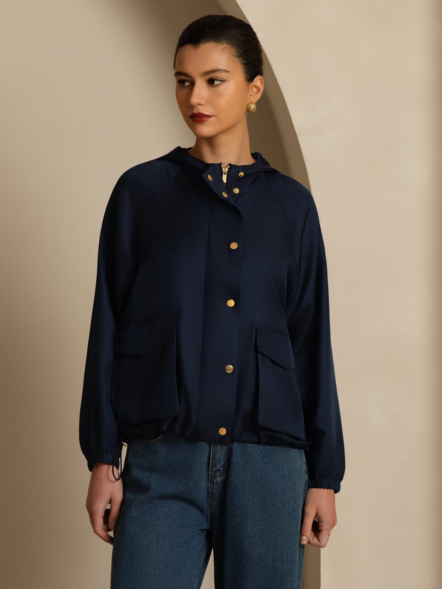 [BleuFoncé] SilkSilky-FR Manches longues Col Haut Femme Manteaux 003