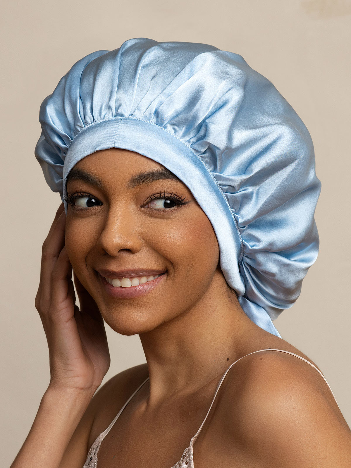 [Bleu Clair] SilkSilky-FR Pure Soie Sleep Cap 003