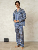 [Rayure Marine] SilkSilky-FR 19Momme Pure Soie Mens Pajamas 003,