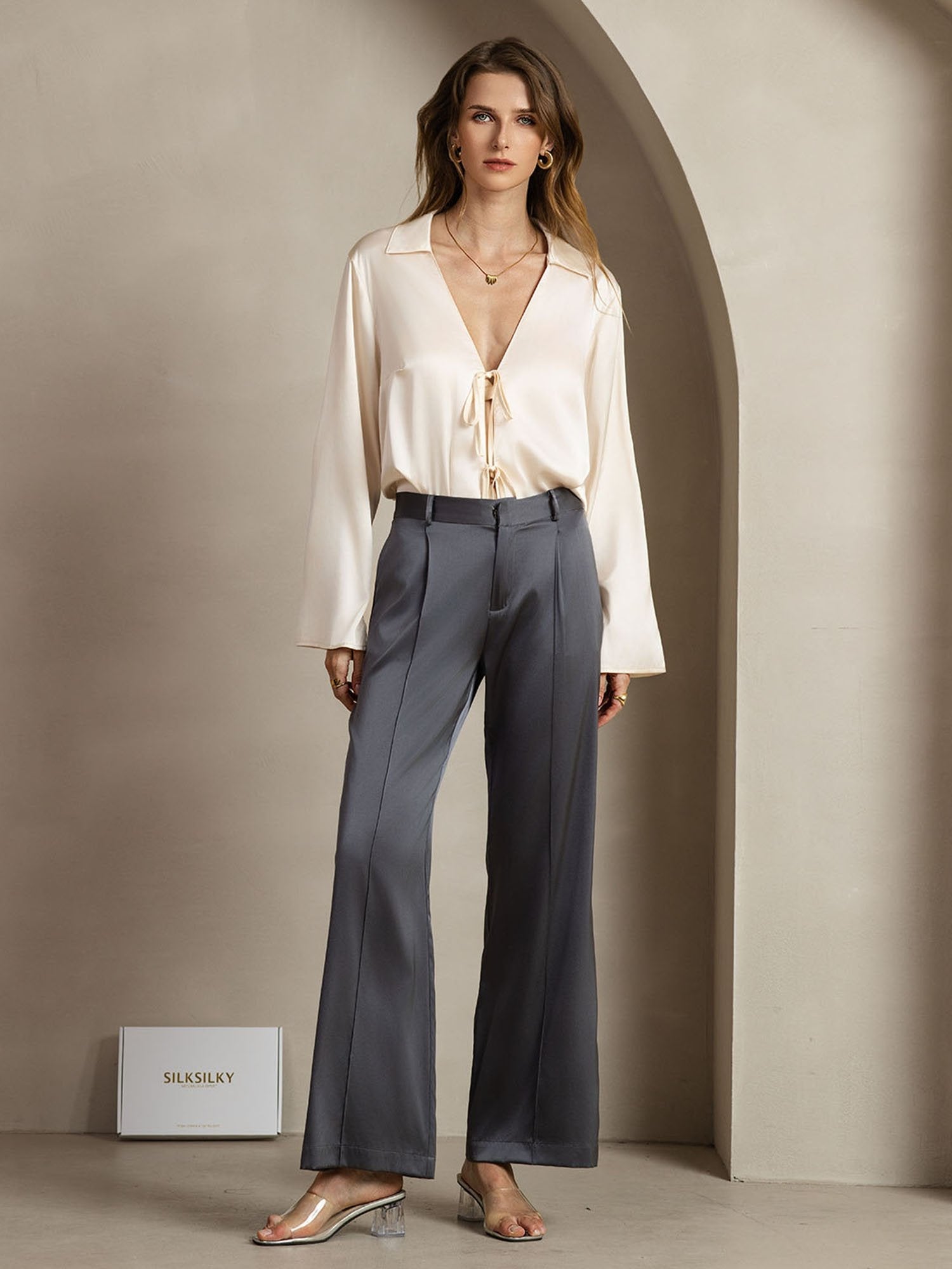 [Gris Foncé] SilkSilky-FR 19Momme Soie Womens Pants 003