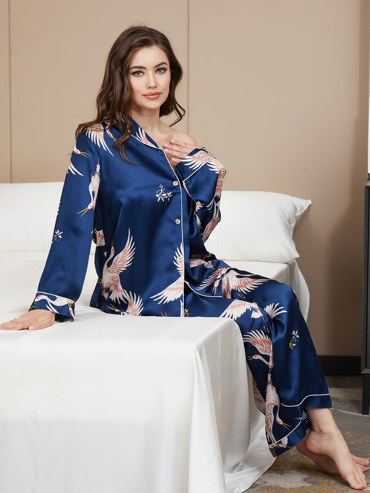 [Bleu Foncé] SilkSilky-FR 19Momme Pure Soie Womens Pajamas 006