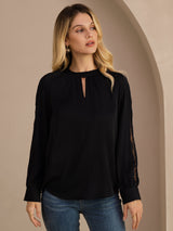 [Noir] SilkSilky-FR Long Sleeve Keyhole Neck Blouse 003