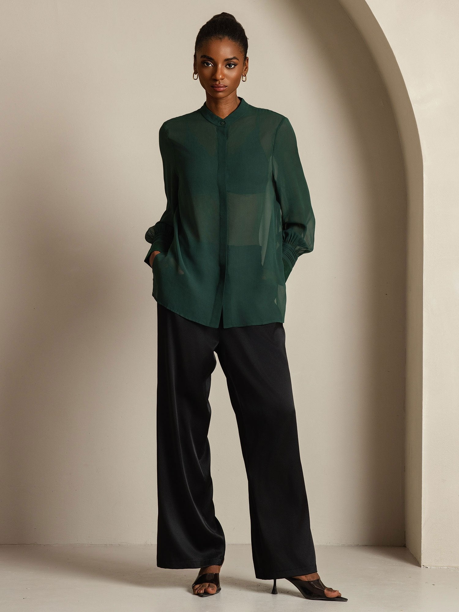 [Vert Foncé] SilkSilky-FR Soie Womens Shirt 009